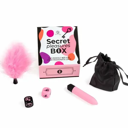 Secret Play Pleasures Box za parove, kockice, vibrirajući metak, pero za škakljanje, roze set
