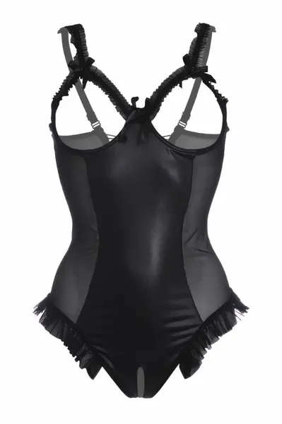 Mistique Wetlook bodi sa mrežastim detaljima i satenskim pertlanjem, crni, otvoreni dizajn L/XL