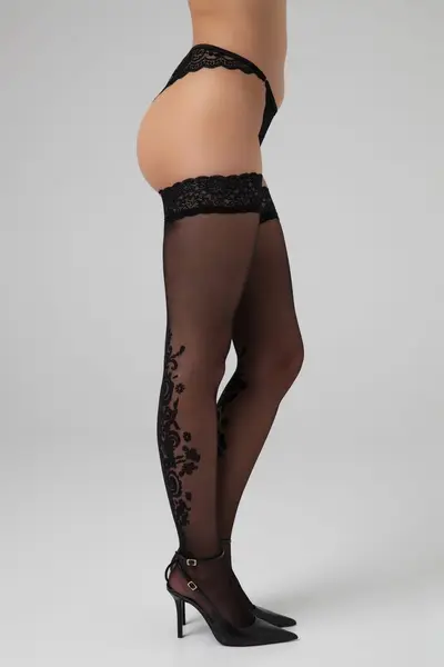 Christine Victorious Stay-Up Stockings Black 15 Denier Floral Design
