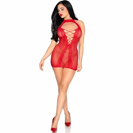 Leg Avenue 81675 crvena mrežasta mini haljina sa halter izrezom i tufnicama univerzalna veličina