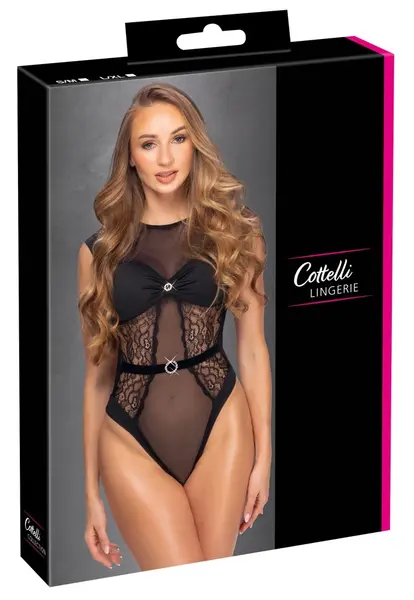 Cottelli Lingerie bodi sa cirkonima crni S/M, elegantna čipka i mikrofiber
