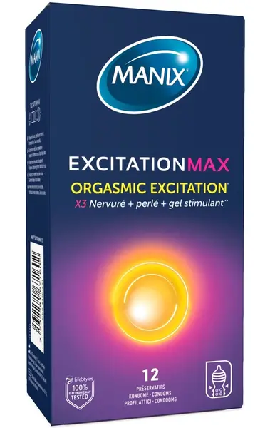 MANIX Excitation Max 12 komada anatomski kondomi sa teksturom tačkica i rebrima od lateksa