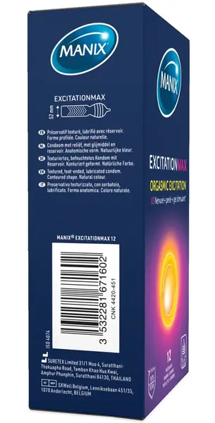 MANIX Excitation Max 12 komada anatomski kondomi sa teksturom tačkica i rebrima od lateksa
