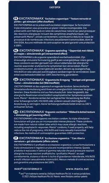 MANIX Excitation Max 12 komada anatomski kondomi sa teksturom tačkica i rebrima od lateksa