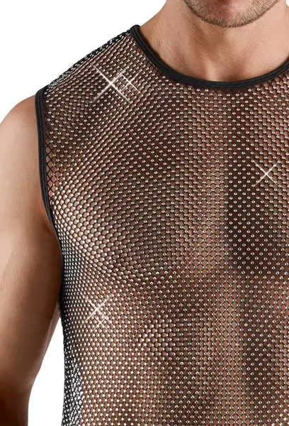 Svenjoyment Men's Sleeveless Black Net Shirt with Sparkling Accents M