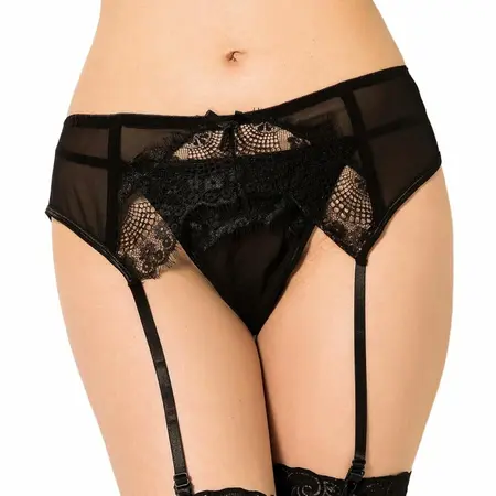 Queen Lingerie S/M Black Lace Thong with Garter Belt - Elegant Floral Design