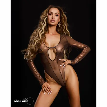 Obsessive Soranna elegantni smeđi bodi dugih rukava od prozirne mrežice L/XL