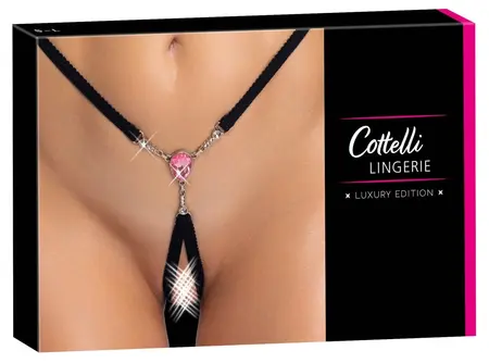 Cottelli Lingerie podesive tangice sa draguljem S-L, crne sa roze detaljem