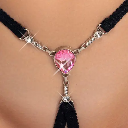 Cottelli Lingerie podesive tangice sa draguljem S-L, crne sa roze detaljem