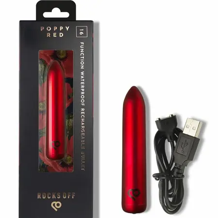 Rocks-Off punjivi vibrirajući metak Poppy Red, kompaktan vodootporni model