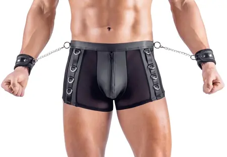 Svenjoyment Bondage muške pantalone M crni mat izgled sa lisicama i otvorenom zadnjicom