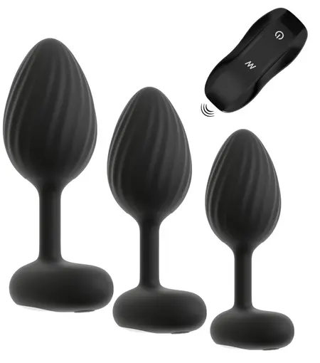 ANOS RC set vibrirajućih analnih čepova, 3 veličine, vodootporan, silikon, crni