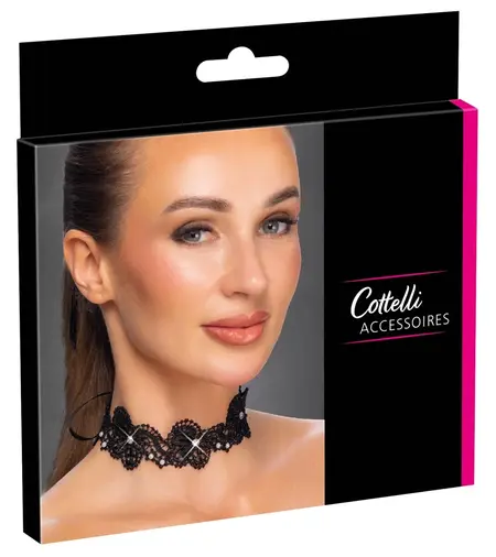 Cottelli ACCESSOIRES elegantni crni čipkani čoker sa biserima, podesiva veličina S do L