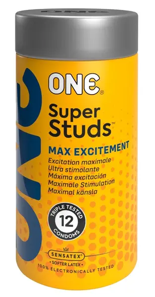ONE Super Studs pakovanje od 12 komada, reljefni kondomi od lateksa, veganski, 53 mm