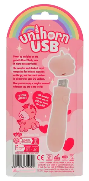 Unihorn USB Heart Throb mini intimni masažer, 10 modova, roze, 14,3 cm