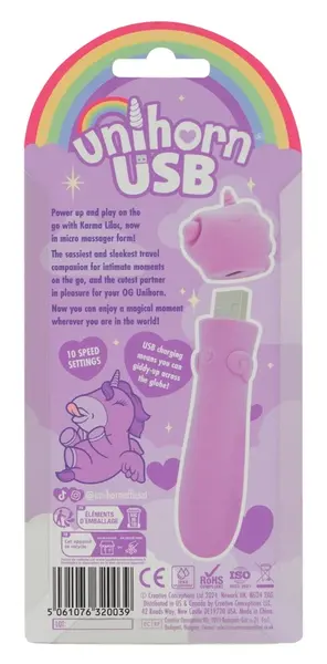 Unihorn USB Karma Lilac mini intimni masažer, nežni silikon, 14.3 cm