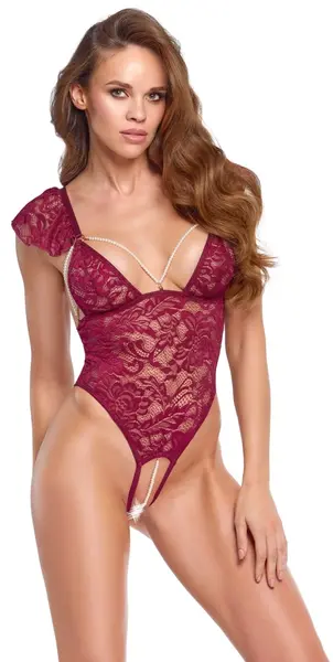 Cottelli Lingerie Body Pearls S bordo čipkani bodi sa podesivim biserima