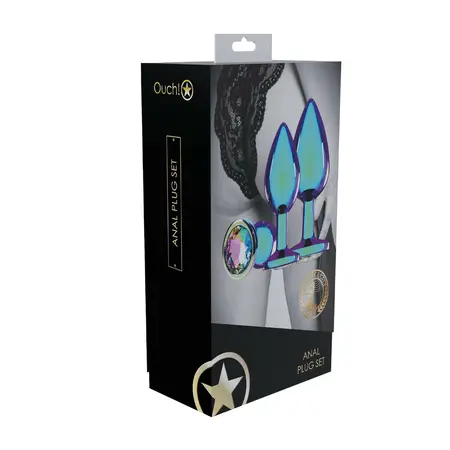 Ouch! Venice Collection set od tri iridiscentna metalna analna čepa sa ukrasnim kamenom na bazi