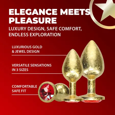 Milan Collection set metalnih analnih čepova u zlatnoj boji, 3 veličine, aluminijum, ukrasni kristal na bazi