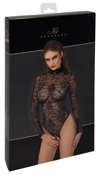 Noir Handmade Body Collar S, crni bodi od čipke i powerwetlook materijala, veličina S