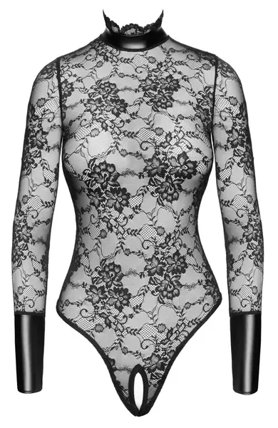 Noir Handmade Body Collar S, crni bodi od čipke i powerwetlook materijala, veličina S