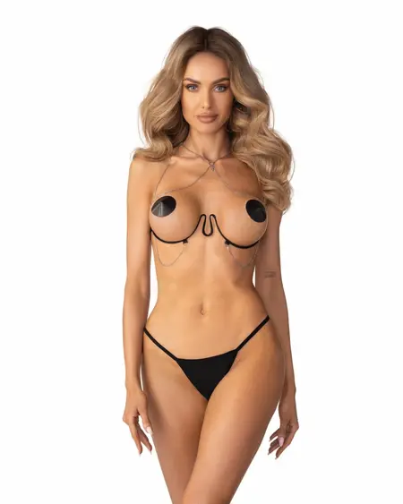 Obsessive Lustique crni harness grudnjak podesivi dekorativni top sa lancima S/M/L