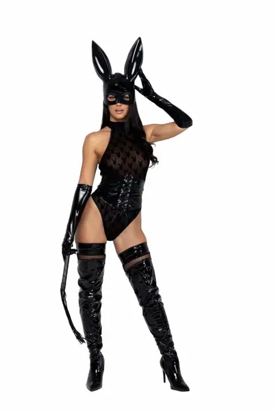 Playboy Lingerie After Hours Bodysuit Set with Bunny Ears, Black, M