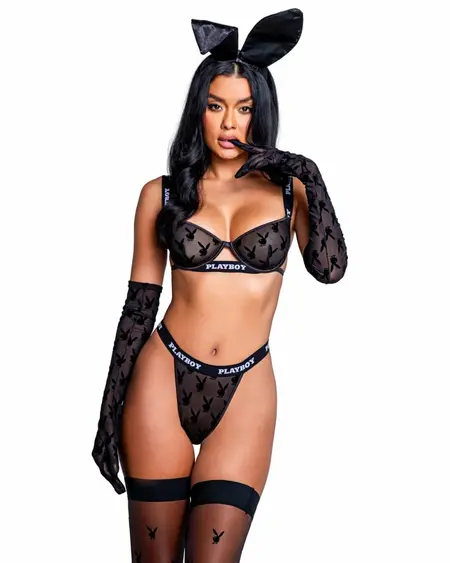 Playboy Lingerie Bunny Noir Mesh 2-Piece Set Black High Waist Design S