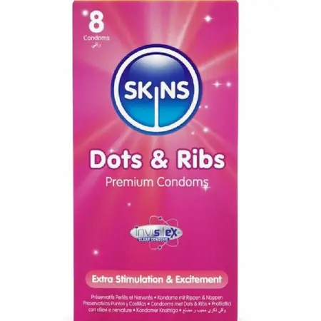 Skins Dots & Ribs Premium reljefni kondomi od lateksa sa mirisom vanile, pakovanje od 8 komada