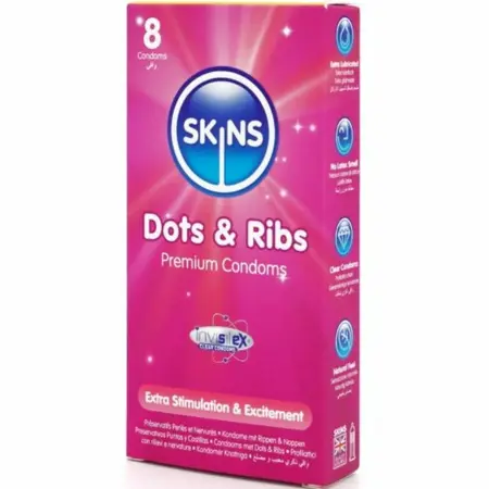 Skins Dots & Ribs Premium reljefni kondomi od lateksa sa mirisom vanile, pakovanje od 8 komada