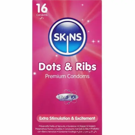 Skins Dots & Ribs Premium teksturirani kondomi od lateksa sa mirisom vanile, pakovanje od 16 komada