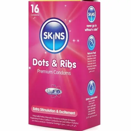 Skins Dots & Ribs Premium teksturirani kondomi od lateksa sa mirisom vanile, pakovanje od 16 komada