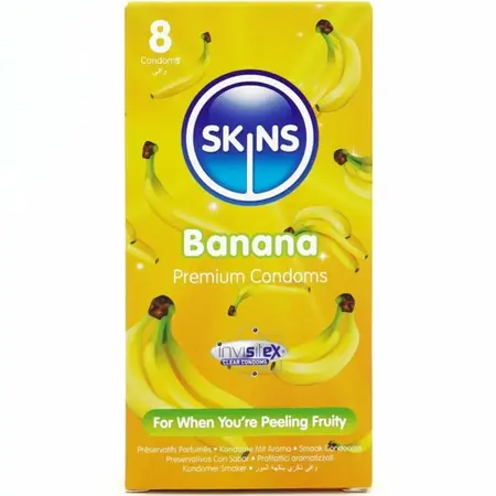 Skins Banana Premium kondomi, pakovanje od 8 komada, sa mirisom, dodatno lubrikovani, prirodno prianjanje