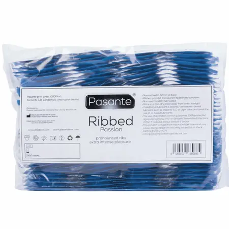 Pasante Ribbed Passion kondomi pakovanje od 144 komada, rebrasti, 52mm, prirodni lateks