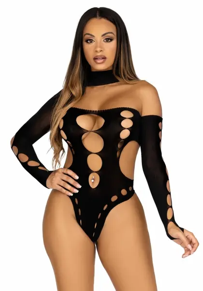 Leg Avenue crni asimetrični bodi sa otvorenim leđima elegantan dizajn univerzalna veličina