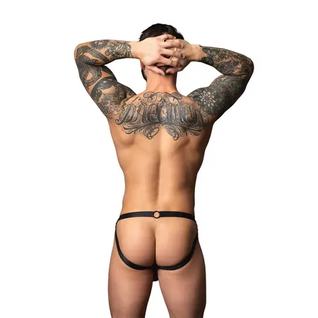 Male Power gladijatorski jockstrap sa suknjom S/M crni, provokativan veš od eko kože