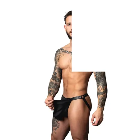 Male Power Jock suknja L/XL crna, veštačka koža, plisirana, sa nitnama