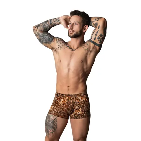 Male Power XL Performance šorts sa crnim silikonskim prstenom, braon leopard dezen
