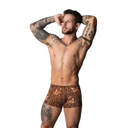 Set Male Power Pouch bokserica i crni silikonski prsten, braon leopard, M