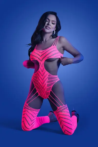 Fantasy Lingerie Rhinestone Sheer Bodystocking Pink - Sparkling Mesh Design Queen Size