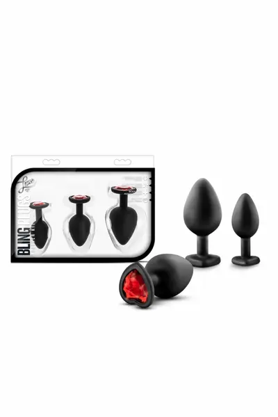 Blush Luxe Bling Plugs set analnih čepića za trening crni sa crvenim kristalom S/M/L