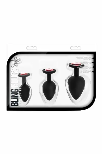 Blush Luxe Bling Plugs set analnih čepića za trening crni sa crvenim kristalom S/M/L