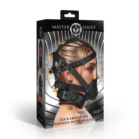 Strict Leather Adjustable Vegan Head Harness with Muzzle - Black, Lockable