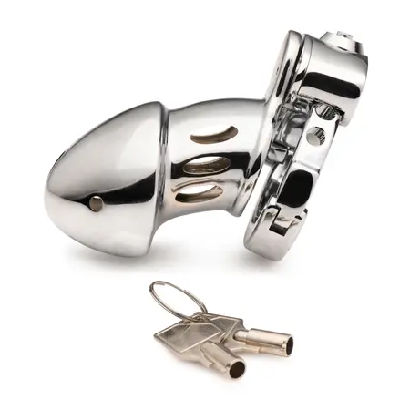Master Series Metal Chastity Device Push-Lock Adjustable Silver 3.25in