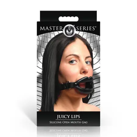 XR Brands Labios Jugosos Silicone Open Mouth Gag Black Adjustable Strap