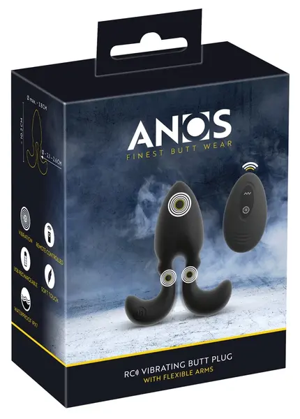 ANOS RC vibrirajući analni čep sa fleksibilnim krilcima, 10 modova, crni silikon, 10.2 cm