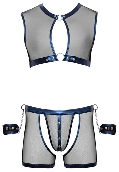 Svenjoyment Bondage muški komplet od mrežice i wetlook materijala 2XL sa metalik plavim detaljima