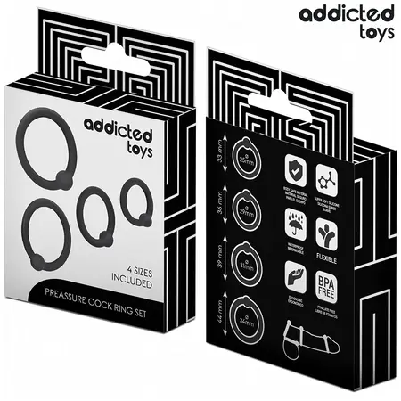 Addicted Toys set silikonskih podesivih prstenova, 4 veličine, crni