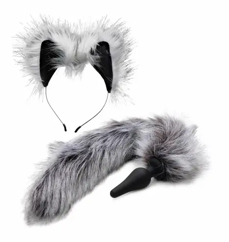 TAILZ Grey Wolf komplet sa repom, silikonski analni čep i uši od veštačkog krzna, sivi