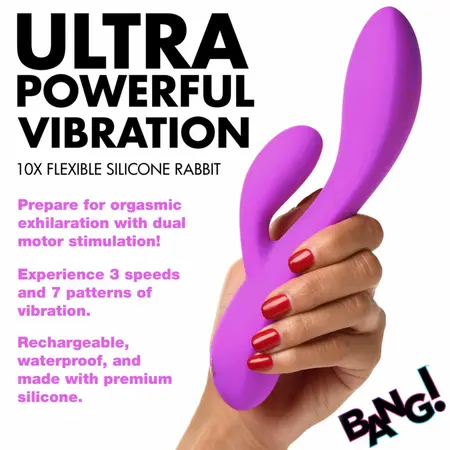 BANG! Fleksibilni rabbit vibrator sa dva motora, ljubičasti, 19.5 cm, vodootporan